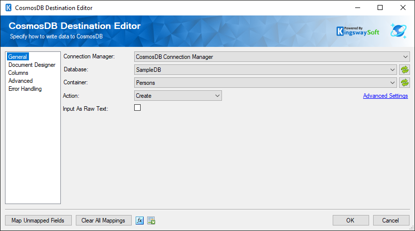 CosmosDB Destination Editor